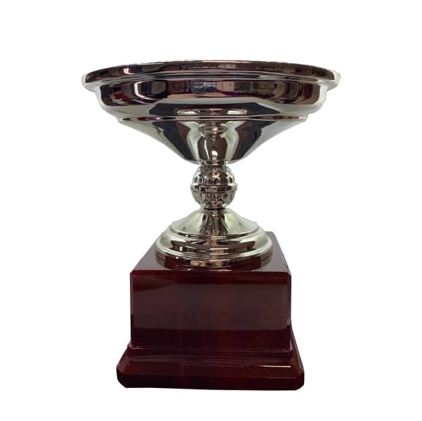 Trofeo copa metal plateado con peana