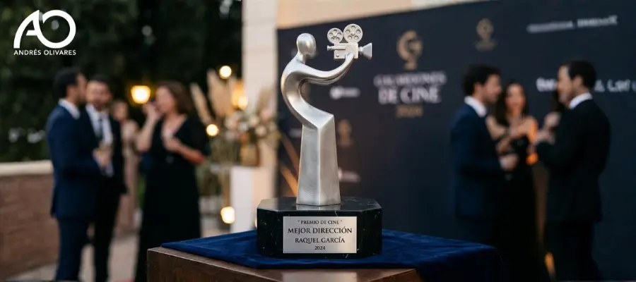 Elegante trofeo plateado de resina con forma de operador de cámara sobre base de mármol y placa grabada, un claro ejemplo de los trofeos originales que puedes comprar para galas y festivales.